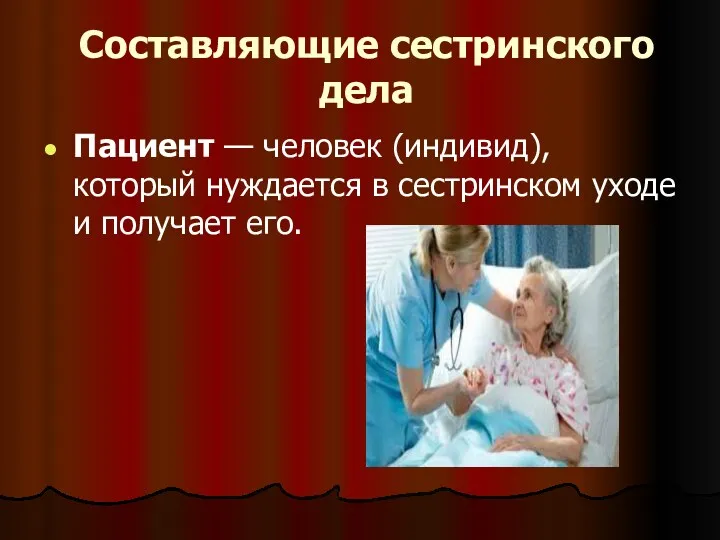 Составляющие сестринского дела Пациент — человек (индивид), который нуждается в сестринском уходе и получает его.