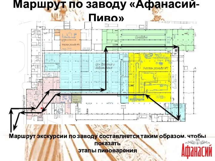 Маршрут по заводу «Афанасий-Пиво» Маршрут экскурсии по заводу составляется таким образом, чтобы показать этапы пивоварения