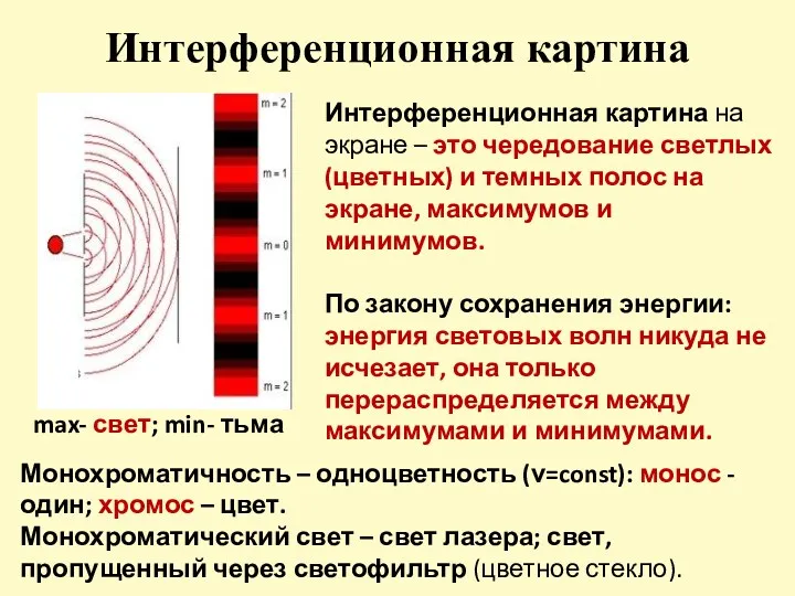 Интерференционная картина Интерференционная картина на экране – это чередование светлых