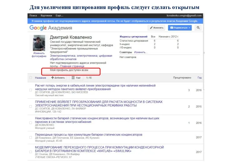 Для увеличения цитирования профиль следует сделать открытым