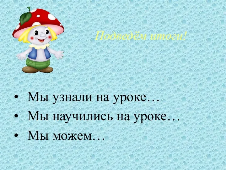 Подведём итоги! Мы узнали на уроке… Мы научились на уроке… Мы можем…