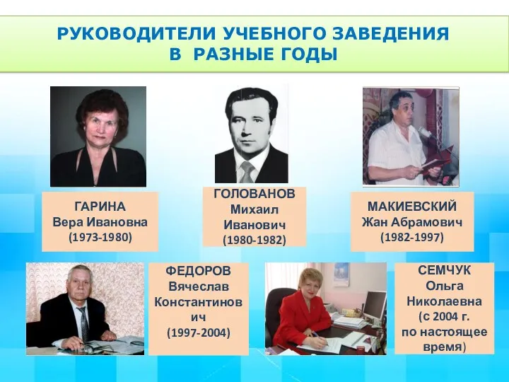 РУКОВОДИТЕЛИ УЧЕБНОГО ЗАВЕДЕНИЯ В РАЗНЫЕ ГОДЫ ГАРИНА Вера Ивановна (1973-1980)