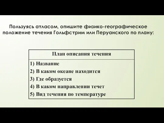 Пользуясь атласом, опишите физико-географическое положение течения Гольфстрим или Перуанского по плану: