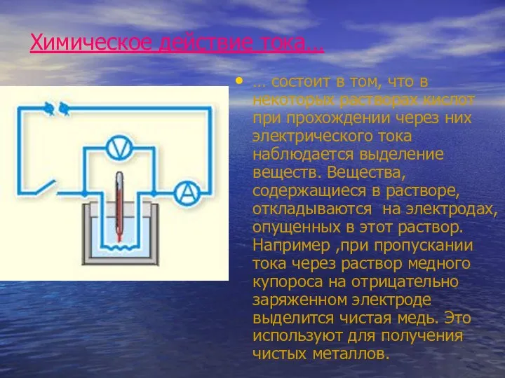 Химическое действие тока… … состоит в том, что в некоторых