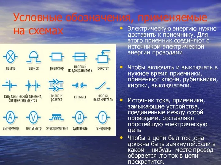 Условные обозначения, применяемые на схемах Электрическую энергию нужно доставить к