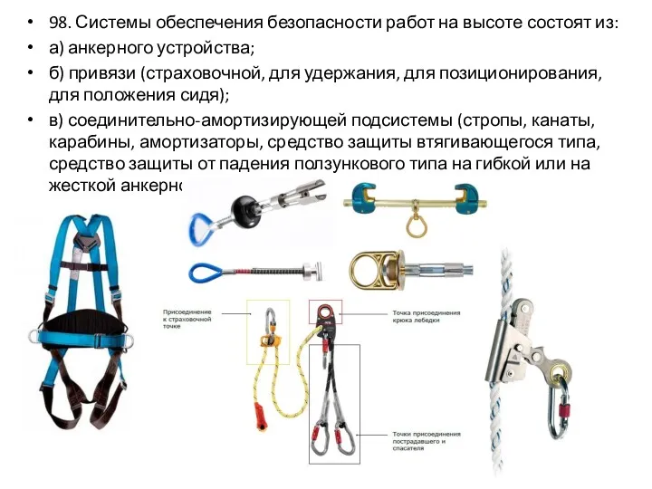 98. Системы обеспечения безопасности работ на высоте состоят из: а) анкерного устройства; б)