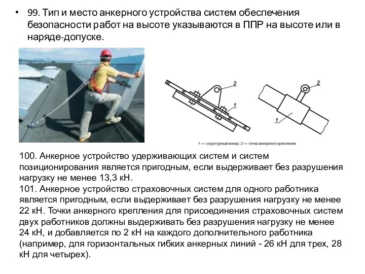 99. Тип и место анкерного устройства систем обеспечения безопасности работ