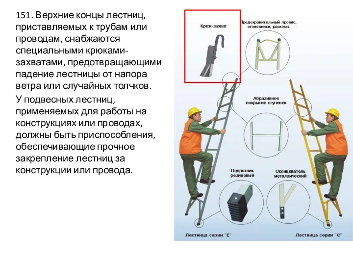 151. Верхние концы лестниц, приставляемых к трубам или проводам, снабжаются