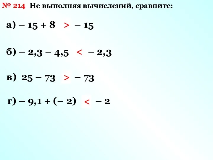 Не выполняя вычислений, сравните: № 214 а) – 15 +