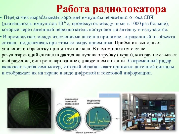 Работа радиолокатора Передатчик вырабатывает короткие импульсы переменного тока СВЧ (длительность