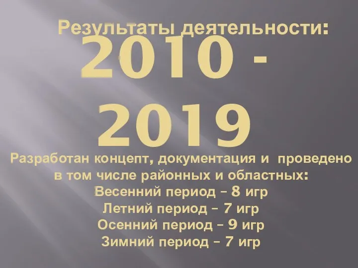 Результаты деятельности: 2010 - 2019 Разработан концепт, документация и проведено