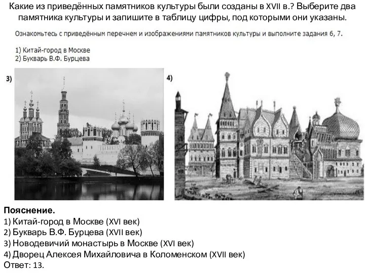 Какие из приведённых памятников культуры были созданы в XVII в.?