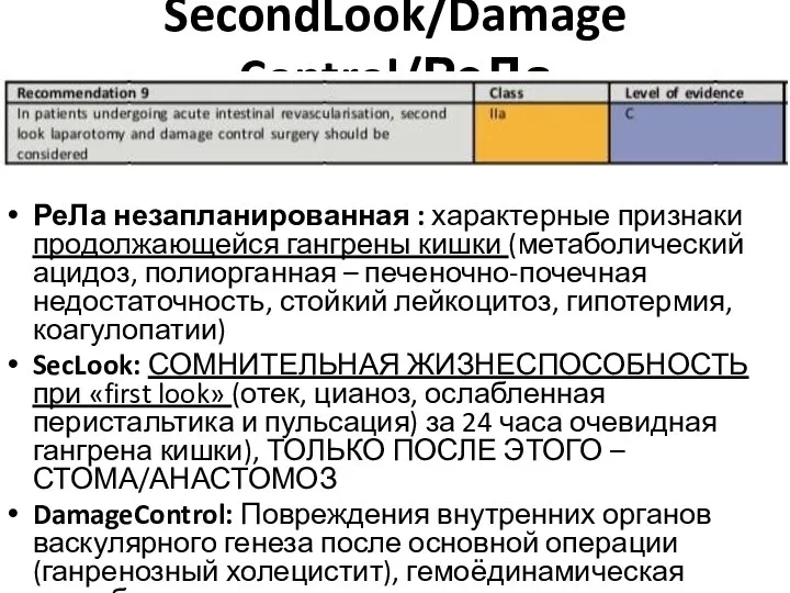 SecondLook/Damage Control/РеЛа РеЛа незапланированная : характерные признаки продолжающейся гангрены кишки (метаболический ацидоз, полиорганная