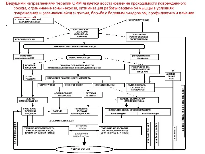 Ведущими направлениями терапии ОИМ является восстановление проходимости поврежденного сосуда, ограничение зоны некроза, оптимизация