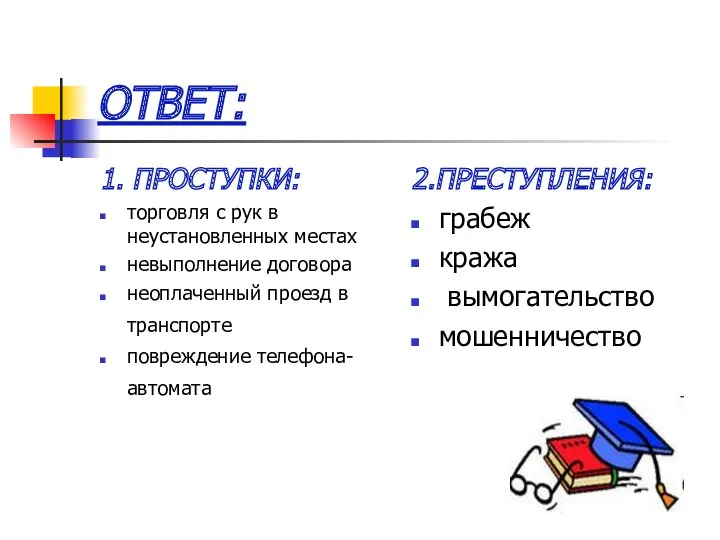 ОТВЕТ: 1. ПРОСТУПКИ: торговля с рук в неустановленных местах невыполнение договора неоплаченный проезд