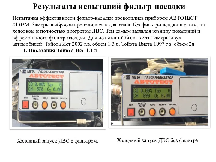 Результаты испытаний фильтр-насадки Испытания эффективности фильтр-насадки проводились прибором АВТОТЕСТ 01.03М.