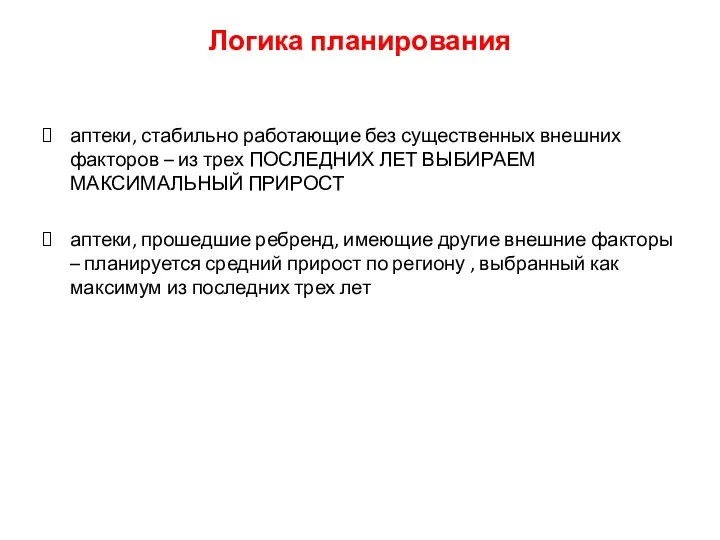 Логика планирования аптеки, стабильно работающие без существенных внешних факторов –