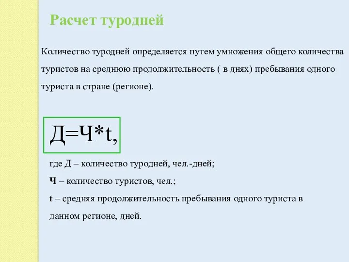 Расчет туродней Количество туродней определяется путем умножения общего количества туристов