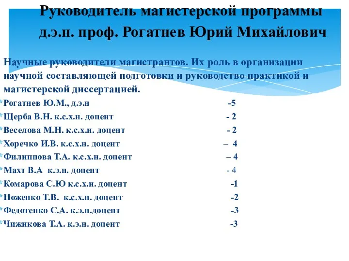 Научные руководители магистрантов. Их роль в организации научной составляющей подготовки