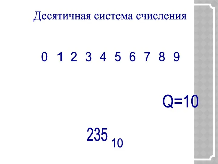 Десятичная система счисления 0 1 2 3 4 5 6 7 8 9
