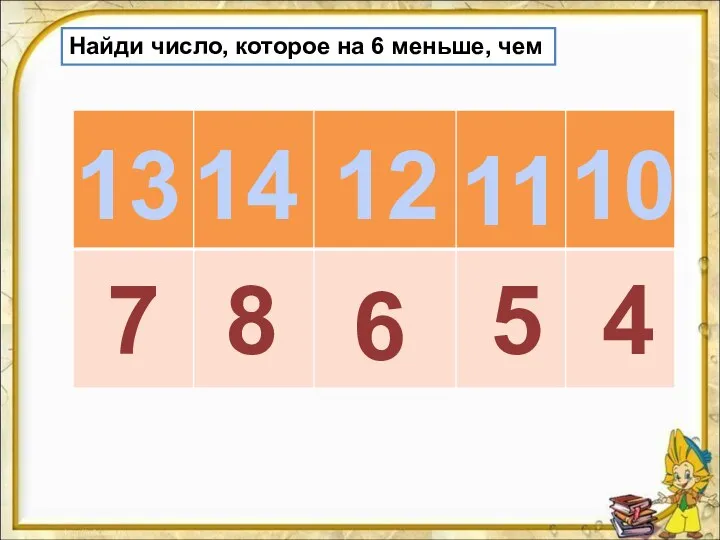 Найди число, которое на 6 меньше, чем 13 14 12