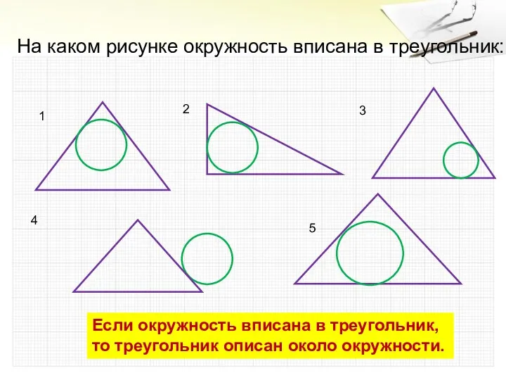 На каком рисунке окружность вписана в треугольник: 1 3 4