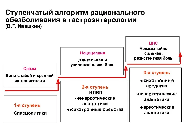 Ступенчатый алгоритм рационального обезболивания в гастроэнтерологии (В.Т. Ивашкин) Спазм Боли слабой и средней