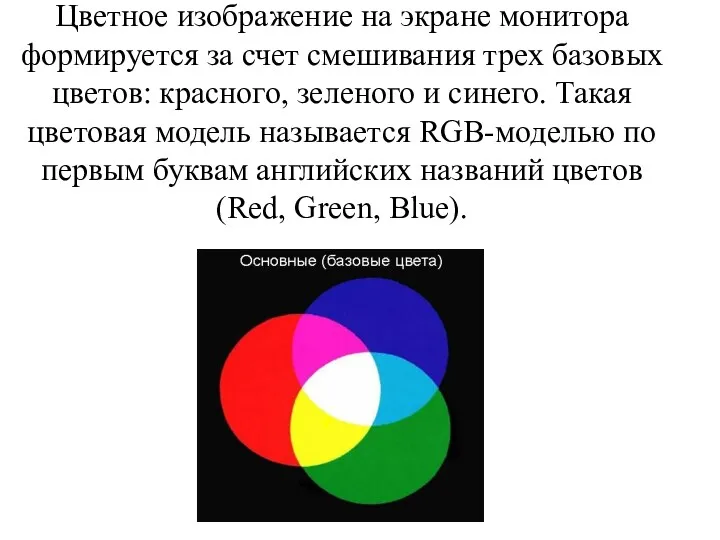 Цветное изображение на экране монитора формируется за счет смешивания трех