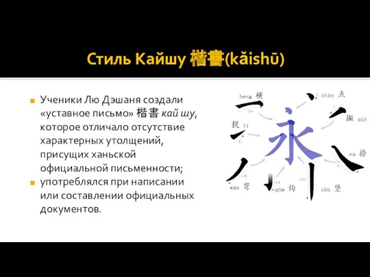 Стиль Кайшу 楷書(kǎishū) Ученики Лю Дэшаня создали «уставное письмо» 楷書