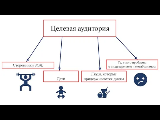 Целевая аудитория Сторонники ЗОЖ Дети Люди, которые придерживаются диеты Те,