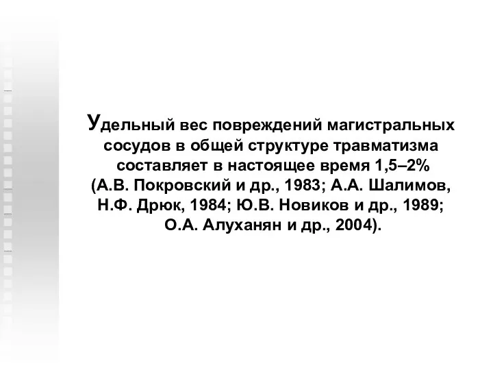 Удельный вес повреждений магистральных сосудов в общей структуре травматизма составляет