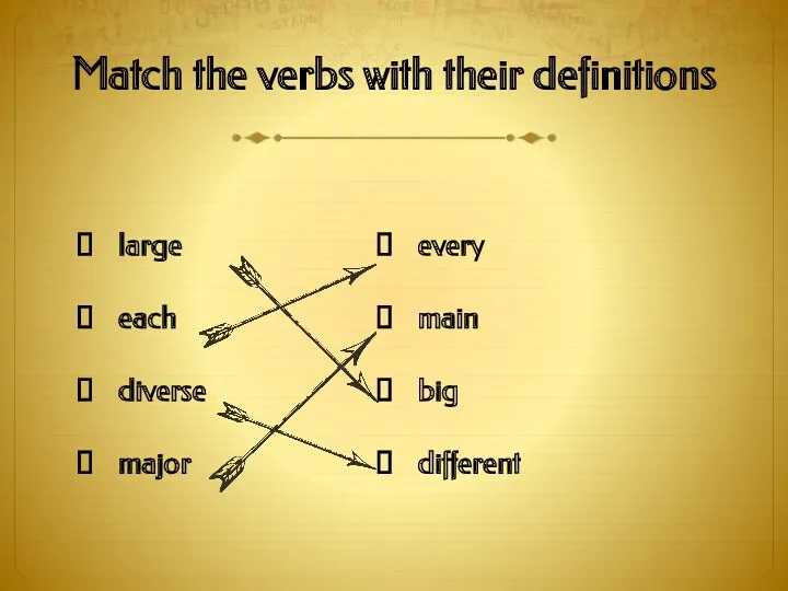 Match the verbs with their definitions large each diverse major every main big different