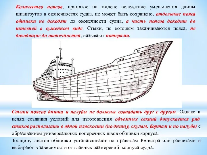 Количество поясов, принятое на миделе вследствие уменьшения длины шпангоутов в