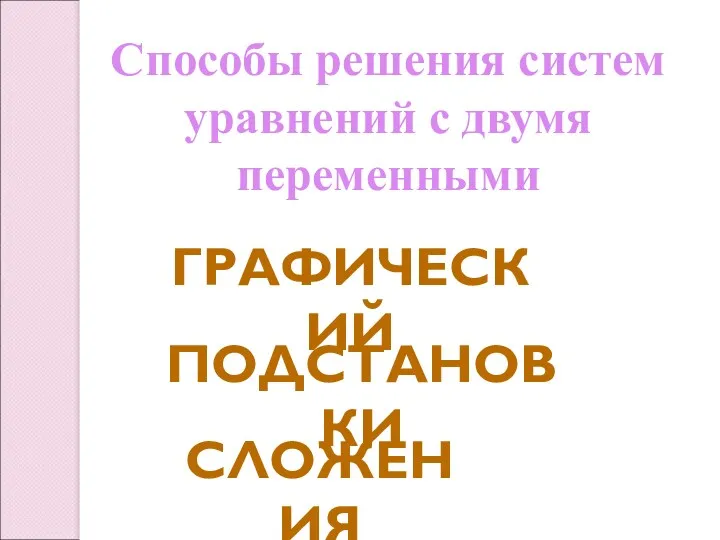 Способы решения систем уравнений с двумя переменными ГРАФИЧЕСКИЙ ПОДСТАНОВКИ СЛОЖЕНИЯ