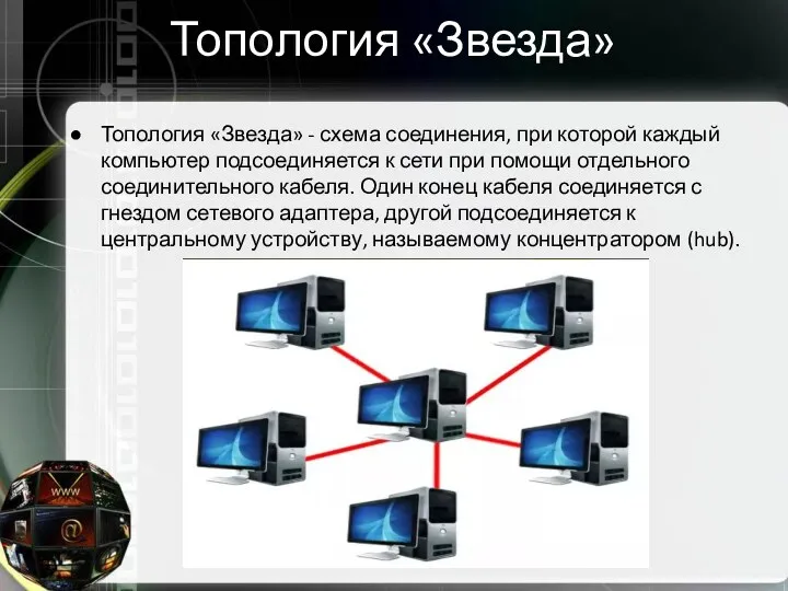 Топология «Звезда» Топология «Звезда» - схема соединения, при которой каждый