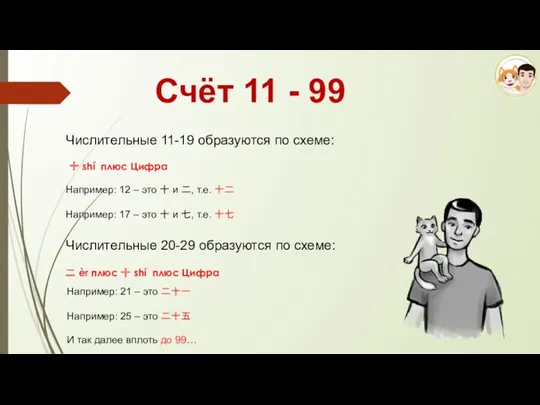 Счёт 11 - 99 Числительные 11-19 образуются по схеме: 十