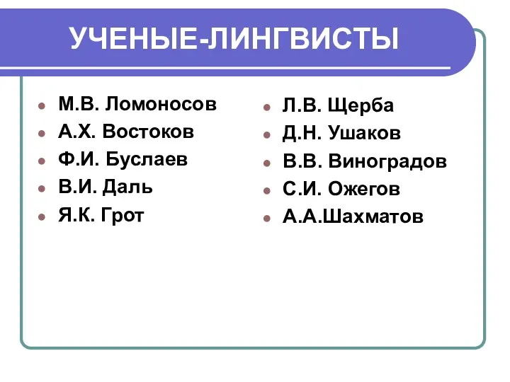 УЧЕНЫЕ-ЛИНГВИСТЫ М.В. Ломоносов А.Х. Востоков Ф.И. Буслаев В.И. Даль Я.К.