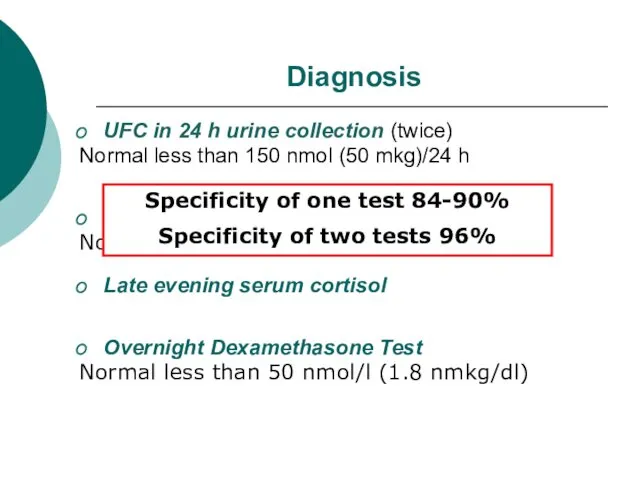 Diagnosis UFC in 24 h urine collection (twice) Normal less than 150 nmol
