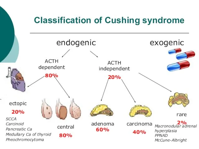 Classification of Cushing syndrome exogenic endogenic ACTH independent 20% ACTH dependent 80% central