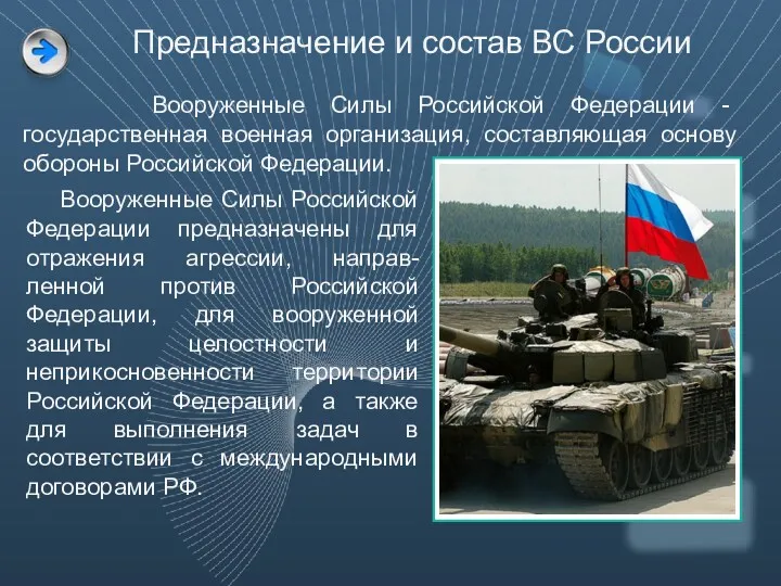 Предназначение и состав ВС России Вооруженные Силы Российской Федерации -