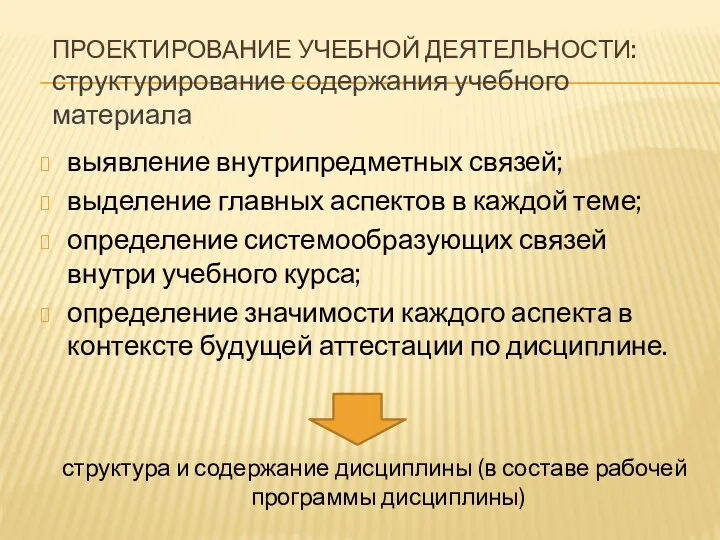 ПРОЕКТИРОВАНИЕ УЧЕБНОЙ ДЕЯТЕЛЬНОСТИ: структурирование содержания учебного материала выявление внутрипредметных связей; выделение главных аспектов