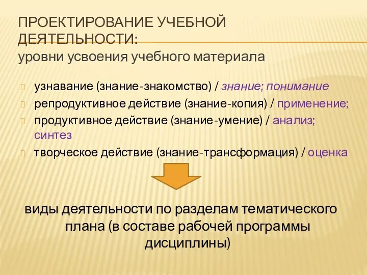 ПРОЕКТИРОВАНИЕ УЧЕБНОЙ ДЕЯТЕЛЬНОСТИ: уровни усвоения учебного материала узнавание (знание-знакомство) /