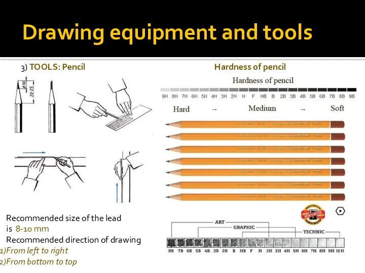 Drawing equipment and tools 3) TOOLS: Pencil Recommended size of