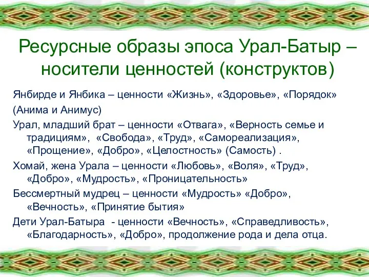 Ресурсные образы эпоса Урал-Батыр – носители ценностей (конструктов) Янбирде и Янбика – ценности