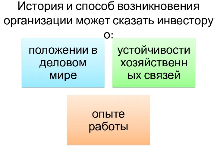 История и способ возникновения организации может сказать инвестору о: