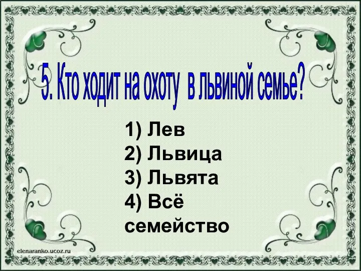 1) Лев 2) Львица 3) Львята 4) Всё семейство 5.