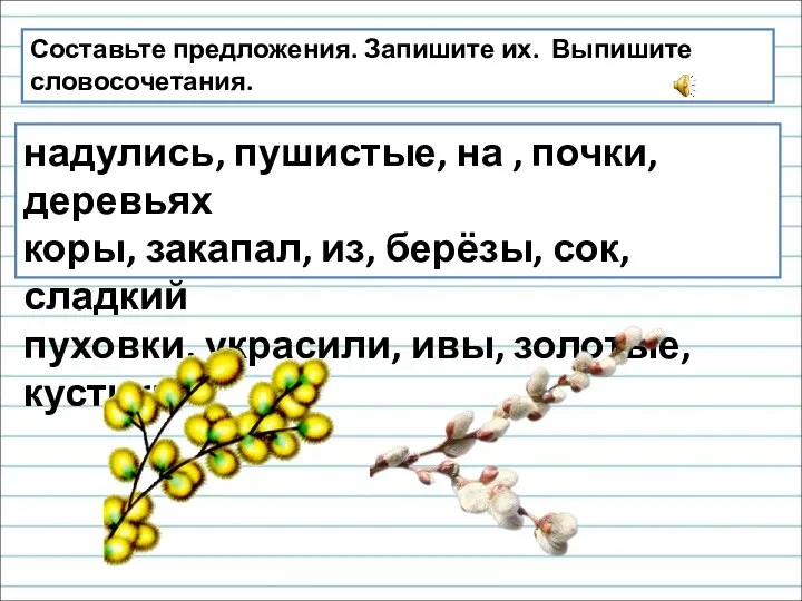 Составьте предложения. Запишите их. Выпишите словосочетания. надулись, пушистые, на ,