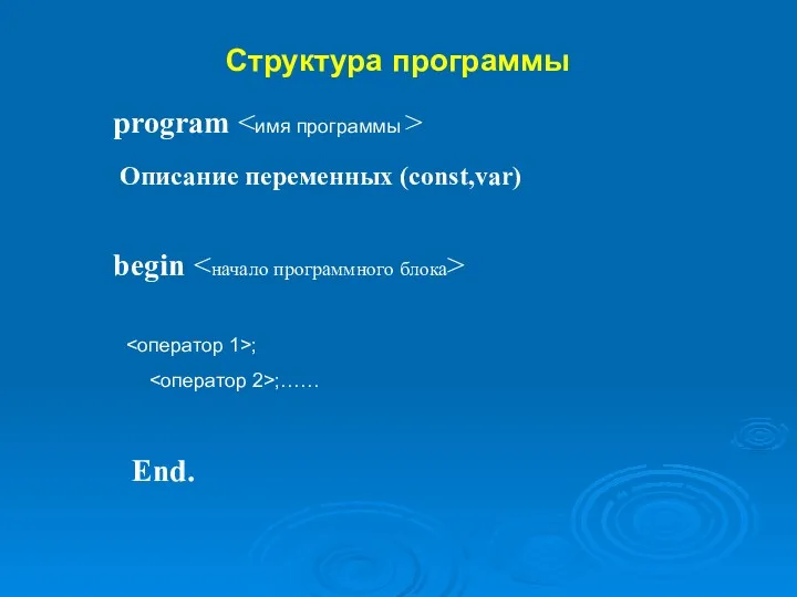 Структура программы program Описание переменных (const,var) begin ; ;…… End.