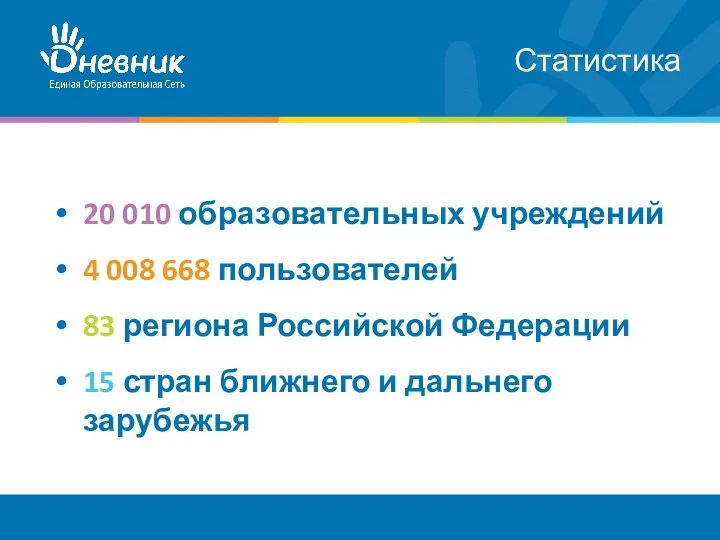 Статистика 20 010 образовательных учреждений 4 008 668 пользователей 83 региона Российской Федерации