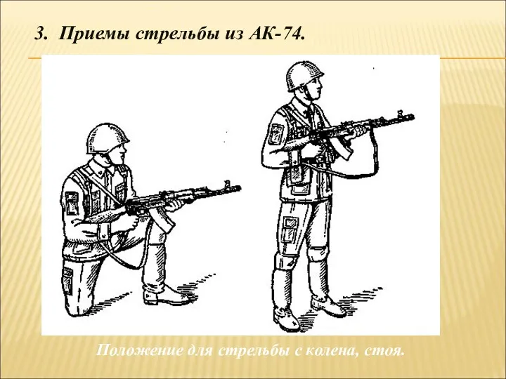 Положение для стрельбы с колена, стоя. 3. Приемы стрельбы из АК-74.